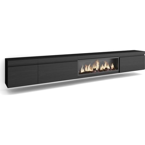 Skraut Home - Mobile TV Soggiorno, Ampio spazio a disposizione, 317x45x35 cm, Camino elettrico XXL, Sospeso, da appendere, Stile moderno, Nero (1/5)