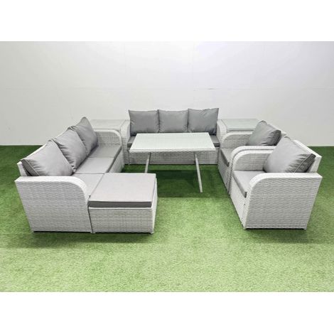 Fimous Rattan High Back Lounge Sofa Set Patio Dining Table & Chairs Set with 3 Seater Sofa 2 Reclining Chairs 2 Side Tables Big Stool Light Grey (1/4)