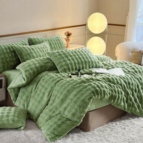 Linge de lit 220x240 cm Peluche Vert Chaud Hiver Doux avec 2 taies d'oreiller 80x80 cm