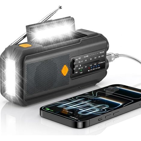 Radio d'Urgence Solaire avec Manivelle 2000mAh – Lampe LED, Alarme SOS et Batterie Externe, Résistante à l'Eau (Noir) (1/5)