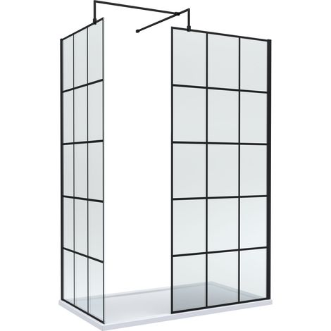 8mm Glass Walk In Wetroom Screens with Black Framed Design and White Shower Tray - 1400 x 700mm (1/2)