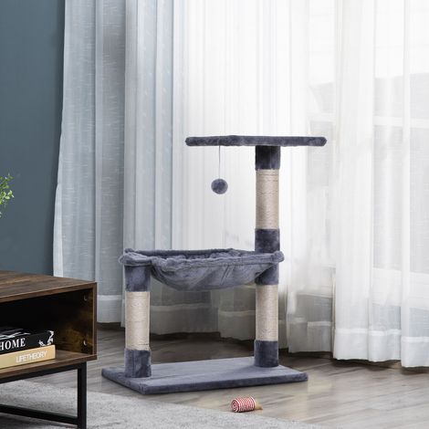 Árbol rascador para gatos con 3 postes rascadores, sisal natural, plataforma, hamaca y bola colgante, dimensiones 50 cm de largo x 36 cm de ancho x 70 cm de alto, felpa corta, gris.