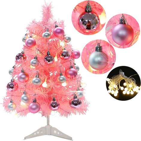 Sapin de Noël rose de 30 cm, mini sapin de Noël artificiel avec lumière LED et boules de Noël, joli ensemble de décoration d'arbre de Noël (1/5)