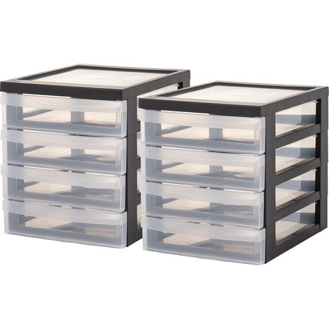 Iris Ohyama, Tour de rangement Plastique Bureau A5, 4 Petits Tiroirs, Lot de 2, Noir, DC-A5