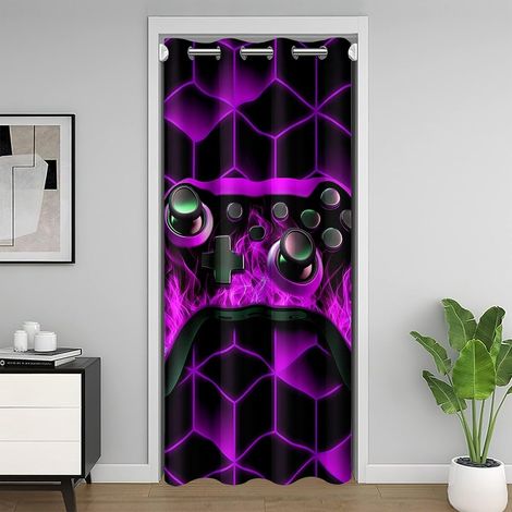 Joueur Violet Rideau de Porte 132x203 pour Enfants Adolescents Adultes,Néon Géométrie Rideau de Porte Interieur,3D Géométrique Rideau Occultant,Flame Consoles de Jeux Joueur Rideau Porte - 132L X 203H (1/5)