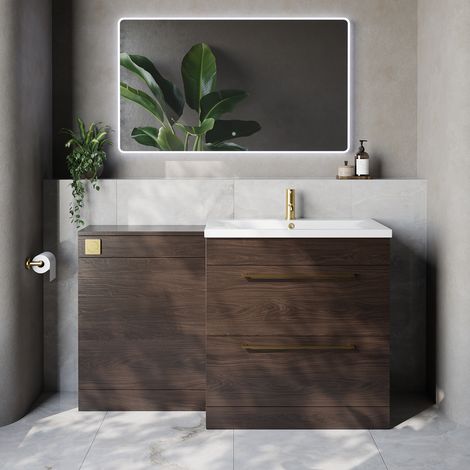 Napoli 460 Cento Brown Oak 1400mm 2 Drawer Vanity Unit Toilet Suite with Glide Basin - 1400mm - Brushed Brass 480mm HandleWithout Kingston Toilet Pan