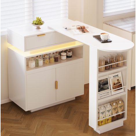 Mesa bar extensible 115-183x40x99.5 cm blanca en MDF con almacenaje y iluminación LED