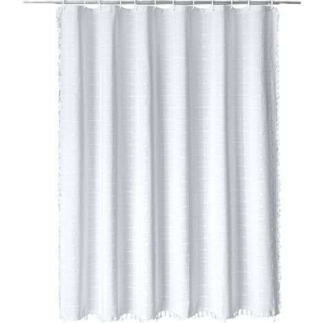 Cortina de ducha de estilo bohemio, a cuadros con borlas, 183 x 183 cm (blanca) (1/5)