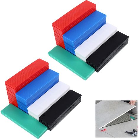 Paquete de 120 separadores, 6 grosores, codificados por colores, material impermeable, superficie antideslizante, para terrazas y ventanas. (1/5)