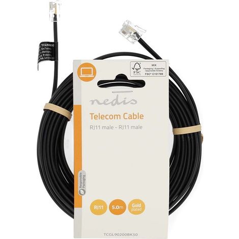 Nedis Telefonkabel / RJ11 Stecker / RJ11 Stecker / 5.00 m / Kabeldesign: Flach / Vergoldet / Kabeltyp: RJ11 / Schwarz / Label