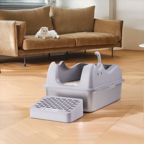 Grey Large Stainless Steel Cat Litter Box 40cm W x 60cm D x 30cm H (1/5)