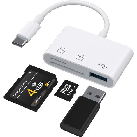 Lecteurs de Cartes Mémoire USB C 2.0, Conception de Fente pour Carte SD + TF + USB 3 en 1, Adaptateur USB C Plug and Play, pour iPhone 15/16 Pro Plus, Samsung S25,Xiaomi (Blanc) (1/5)