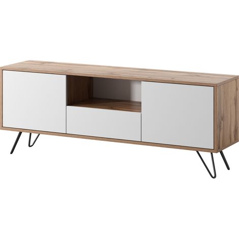 Mobile TV Moderno Design Minimal Con 2 Ante Battenti Anta A Ribalta Vano A Giorno Per Salotto Soggiorno Zona Living Sala Da Pranzo 137 X 52 X 33 Cm Rovere E Bianco (1/5)