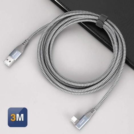 Câble USB C 90 Degrés 3M, Charge Rapide 3A Nylon Tressé pour Samsung, Note 9/8, Sony Xperia,Huawei,Switch,HTC 10 U11.Gris (1/4)