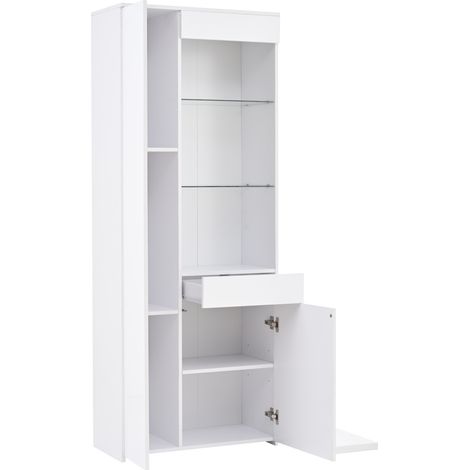 Vetrina alta bianca 70 x 35 x 180 cm con cassetto, illuminazione LED e ante in vetro temperato (1/5)