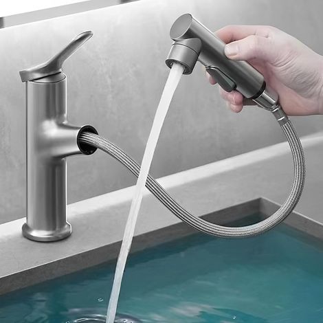 Waschtischarmatur, schwarz, Waschtischmischer mit Ausziehbrause, Hochdruck-Waschtischarmatur mit 3 Strahlarten, Warm- und Kaltwassermischer (1/5)