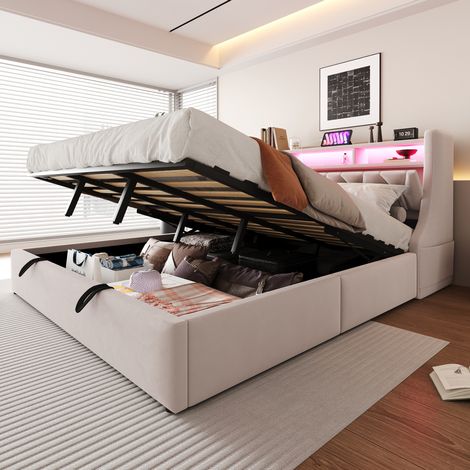 Cama canapé 180x200 cm de terciopelo beige con LED, USB y almacenaje HAVRYA