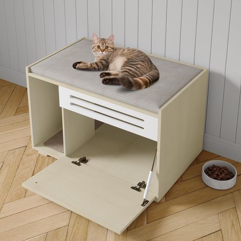 Meuble de litière pour chat en bois – Large ventilé avec porte rabattable – Bac à litière cachée pour chats de grande taille – Protection contre les chiens et décoration élégante – Couleur bois (1/5)