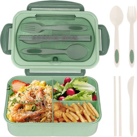 Lunchbox für Erwachsene, 1200 ml Bento-Box für Kinder mit 3 Fächern, auslaufsichere Bento-Lunchbox mit Besteck, grün (1/5)