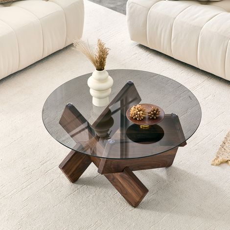 Table basse ronde moderne en verre avec structure de designer stable aspect bois ou marbre, Ø env. 79 cm, hauteur env. 45 cm, table de salon pour un intérieur élégant (1/5)