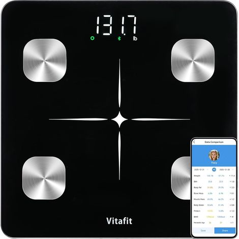 Balance Pese Personne, Précision 0,05kg, Balance Connectée App avec 13 Données Corporelles (BMI/Graisse Corporelle/BMR), 182kg, LED, Noir (1/5)