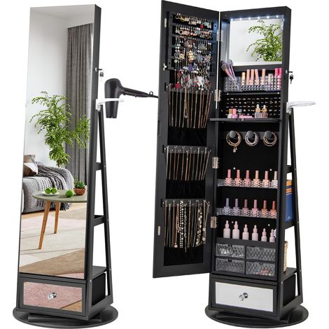 Lockable 360° Swivel Jewelry Cabinet with Full-Length Mirror LED Lights-Black (1/5)