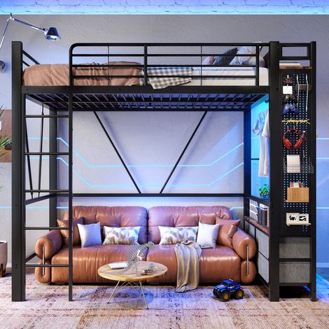Lit mezzanine 90 x 200 cm avec 4 tiroirs, étagères, barre de suspension, panneau perforé, prise + USB Type-C, éclairage LED, structure en métal et MDF - noir (1/5)