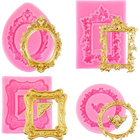 4pcs Moules en Silicone pour Cadres Photo, Moules Roses Vintage de Style Baroque Pâte Polymère à Séchage à l'Air Libre pour La Cuisson Chocolats Bonbons et Desserts (4 Formes) (1/5)