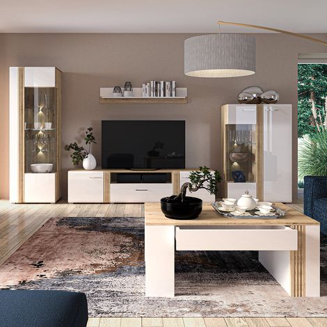 Moderne Wohnwand in Eiche Nb. AKRON-131 mit Fronten in weiß Hochglanz 5-teilig inkl. Couchtisch (1/5)