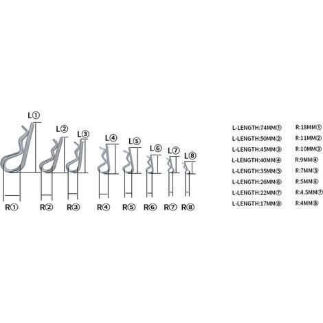 Assortiment de 100 goupilles fendues en acier inoxydable, clips R goupilles fendues retenant la goupille d'attelage à ressort pour tracteurs de remorquage tondeuses à gazon (1/5)