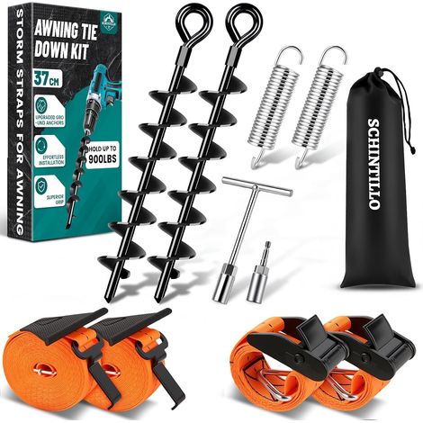 Storm Straps for Awnings, Lashing Strap for Awnings Motor vehicle with 37CM Spiralförmige Bodenanker, Windbeständigkeit bis zu 120 km/h, 900 Lbs Exzellenter Griff