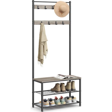 Porte-Manteau avec Étagère à Chaussures, Meuble d’Entrée avec Banc, 3-en-1, Cadre en Acier, pour Entrée, Couloir, 32 x 70 x 175 cm, Style Industriel, Grège et Noir HSR41MB (1/5)