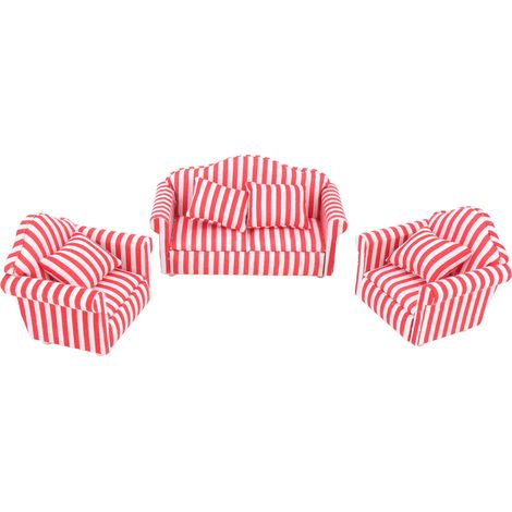 3 canapés miniatures en bois et tissu clair pour maison de poupée échelle 1:12 : 1 canapé double + 2 canapés simples, rayures rouges, ensemble de 3 pièces. (1/5)