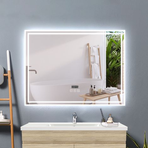 Acezanble 100x60cm miroir lumineux de salle de bain regtanglaire avec Bluetooth, 3 Couleurs et Horloge