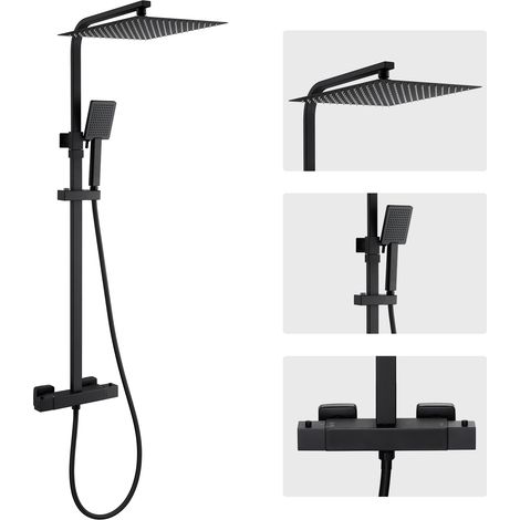 Duschsäulen mit Thermostat Schwarz Duschsystem Duschsäule mit 12 Zoll (ca. 30 cm) Regenkopf, Handbrause und verstellbarer Duschstange Duscharmatur Anti-Verbrühung-Duschsystem