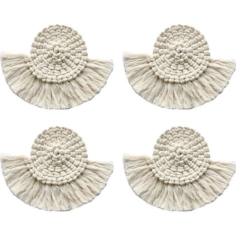 Set De 4 Sous-Verres En Rotin Et Macramé - Absorbants Et Protecteurs De Chaleur - Pour Salon Cuisine Bureau - Diamètre 11,5 Cm (1/5)
