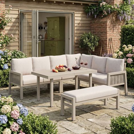 Table de repas extérieure angle 8 places, fer galvanisé, plateau verre, corde PE tressée main, ensemble mobilier jardin kaki avec table, bancs et canapés