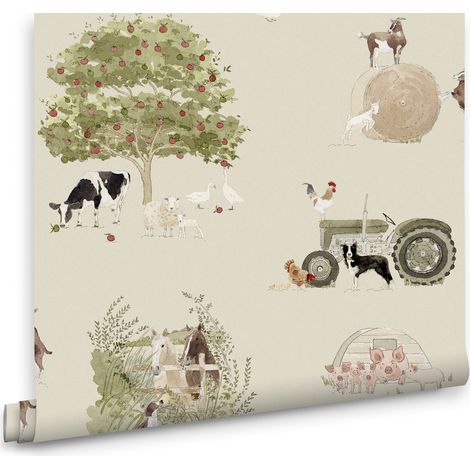 Sophie Allport Vliestapete Kinderzimmer - Farm Friends - Grun - 10mx52cm (1/4)