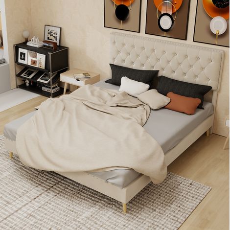 Letto adulto 160x200 cm con testiera quadrata, rete a doghe, velluto beige, materasso non incluso (1/5)