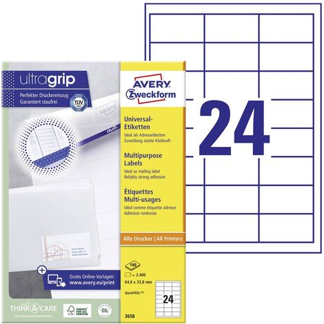 Avery-Zweckform 3658 Etiquette universelles 64.6 x 33.8 mm papier blanc 2400 pc(s) fixation permanente imprimante à jet (1/4)