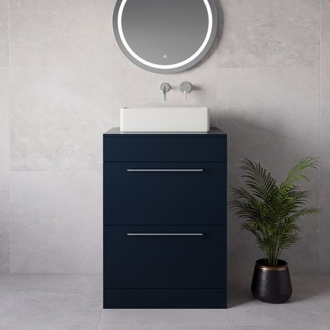 Napoli 460 Deep Blue 600mm 2 Drawer Vanity Unit for Countertop Basins - 600mm - Chrome 320mm Handle
