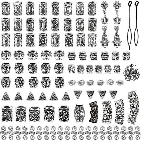 Lot de 100 perles de barbe vikings élégantes, perles tubulaires nordiques antiques pour cheveux, perles en métal pour dreadlocks, tresses, bracelets, pendentifs et colliers à faire soi-même (1/5)