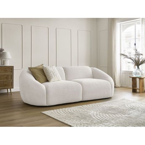 Bobochic – Canapé droit fixe 3 places tissu bouclette blanc – Longueur 250cm – Largeur 105cm – Confort équilibré – Design moderne (1/5)