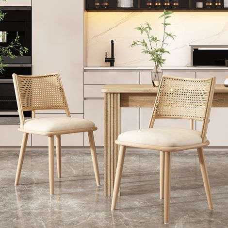 Lot de 4 chaises de salle à manger en rotin et PU, dossier cannage, assise rembourrée, pieds en métal, style naturel, beige (1/5)