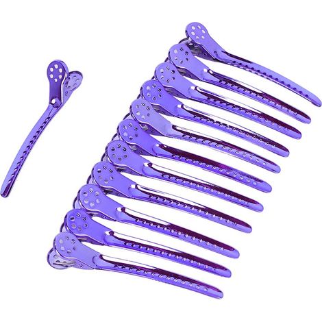 Lot de 12 pinces à bec de canard en acier pour coiffure, idéales pour les salons de coiffure et les barbiers (violet). (1/5)