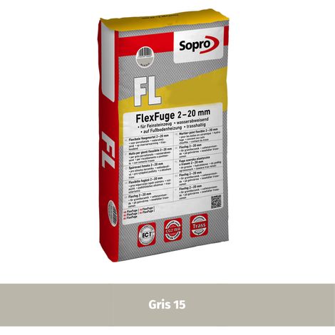 Joint souple carrelage céramique et pierre 2 à 20 mm - Gris 15 - Grain fin - Sopro FL 526 - 25 kg