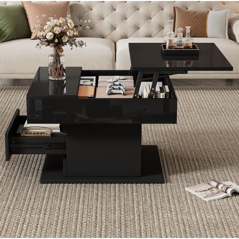 Couchtisch mit Schublade, höhenverstellbar, 360° drehbar, 70 x 70 x 45 cm, schwarz HAVRYA (1/5)