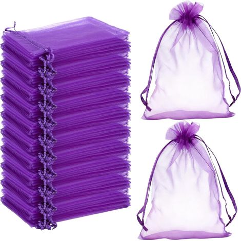 Sachet Organza - 100 Pièces - Tissu Transparent - Cordon de Serrage - Mariage Bijoux Bonbons - 7x9 cm Violet Foncé (1/5)