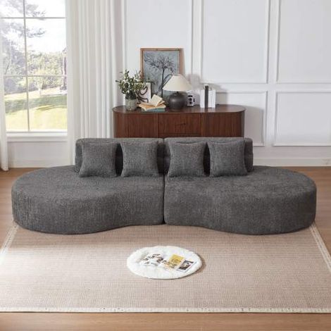 Canapé modulable - 2 places - design arrondi dossier plusieurs niveaux - sans montage - mousse compressée 72h - chenille - gris (1/5)