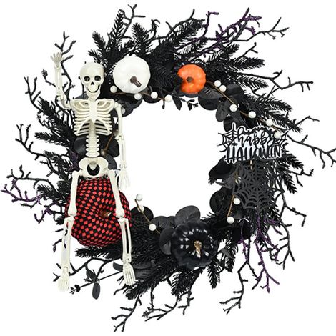 Couronne lumineuse d'Halloween crâne effrayant et roses noires fanées, décoration pour porte, mur, fenêtre et jardin (1/5)